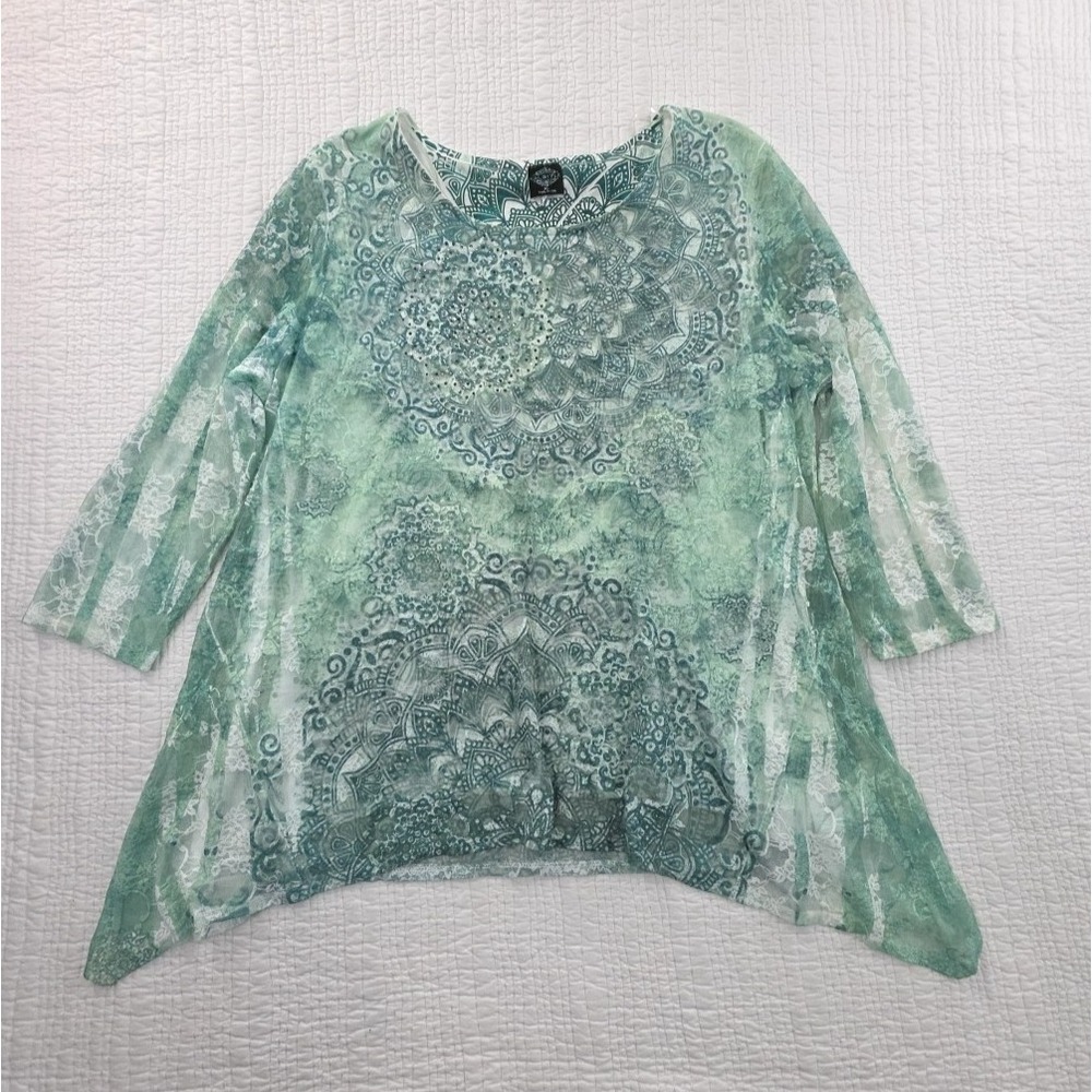 Cal Style Asymmetric Boho Tunic Womens‎ XL Green Fairycore Lined Embellished